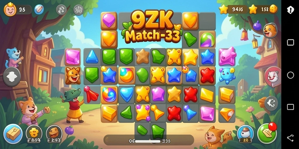 Screenshot menampilkan gameplay seru 9ZK dengan elemen Match-3.