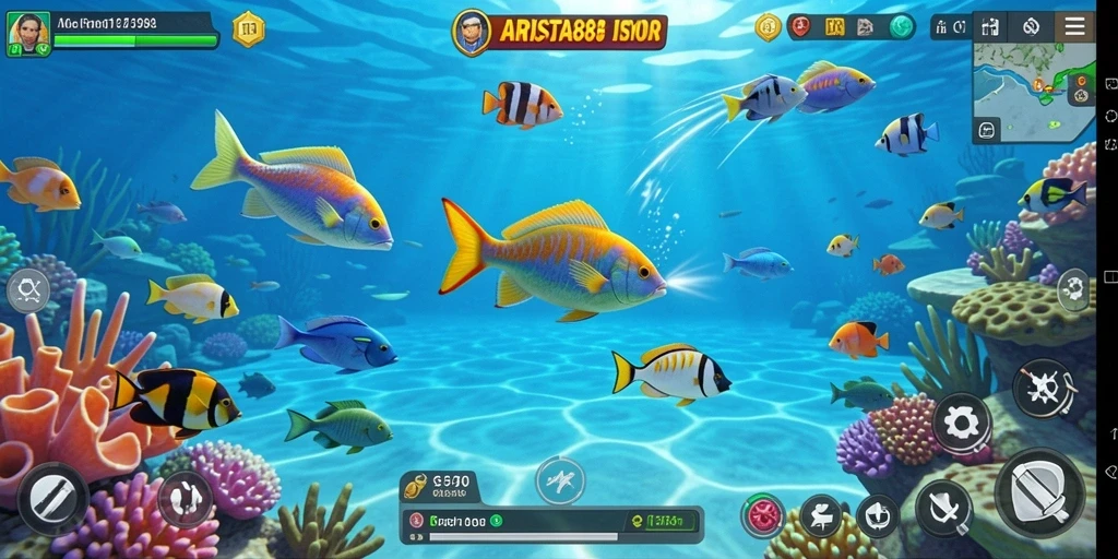 Screenshot gameplay ARISTA88 dengan aksi menembak ikan.