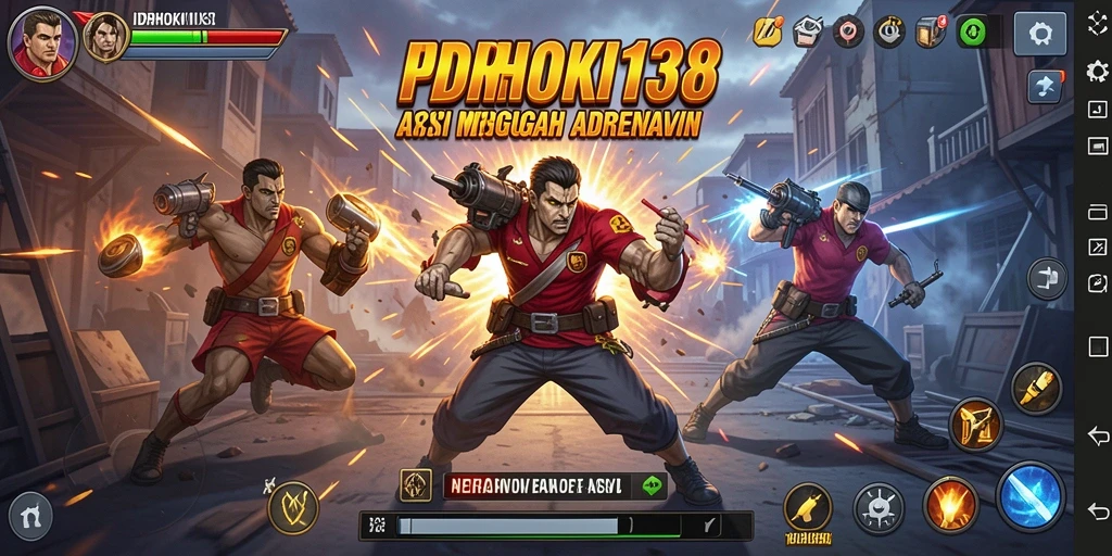 Screenshot utama IDRHOKI138 menampilkan aksi pertempuran epik dan karakter heroik.