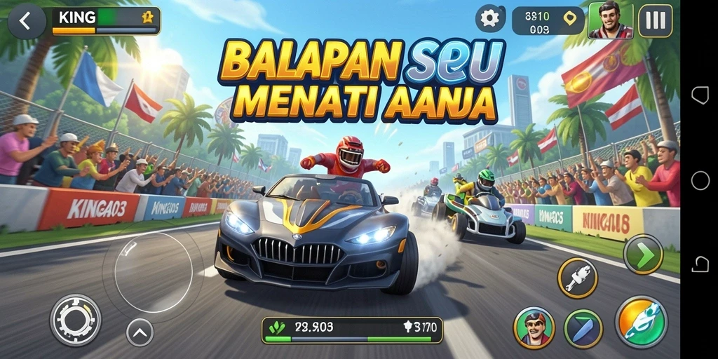 Screenshot KING403 menampilkan aksi balapan yang mendebarkan dan mobil-mobil cepat.