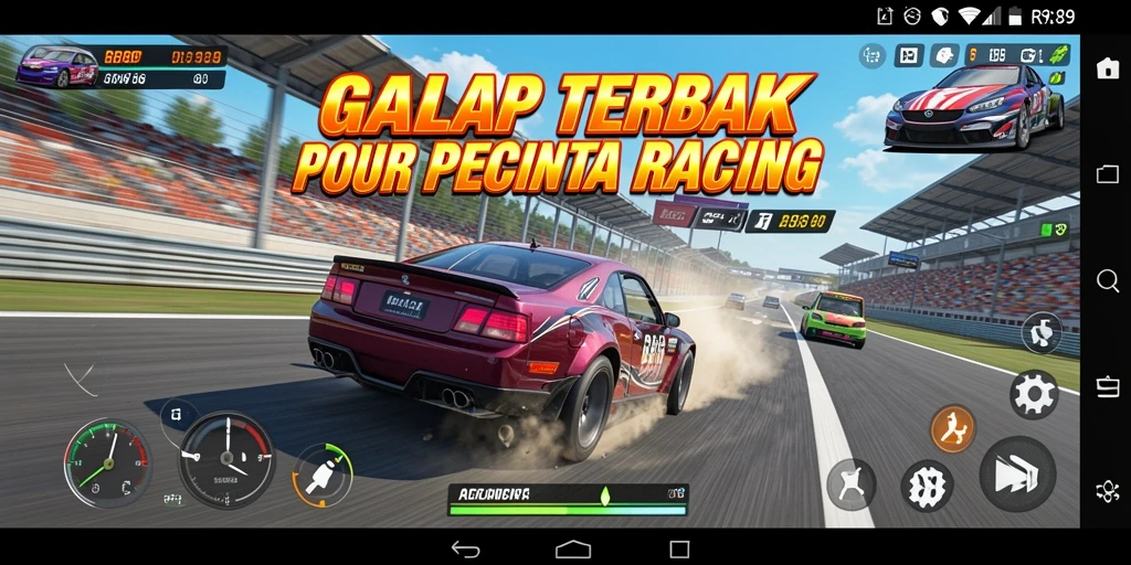 Gameplay seru RR89 yang menampilkan mobil balap di lintasan